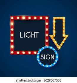 Realistic shining banner, light frame. Retro showtime