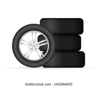 Realistic shining disk car wheel tyre set. Vector stock illustration.