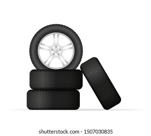 Realistic shining disk car wheel tyre set. Vector illustration.