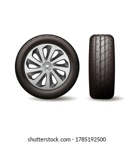 Realistic shining disk car wheel tyre isolated on white background vector illustration