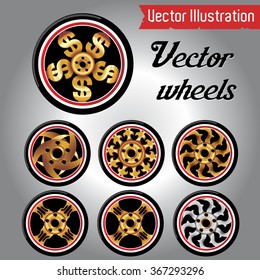 Realistic shining disk car wheel, tyre set. Vector illustration