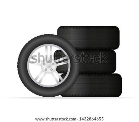 Realistic shining disk car wheel tyre set. Vector stock illustration.
