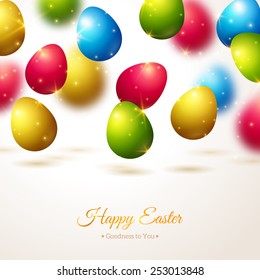 Realistic Shining Easter Background with Flying Eggs and Sparkles.  Vector Illustration. 