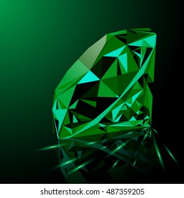 Realistic shining green emerald jewel with reflection, green glow and light sparks on gradient background. Colorful gemstone that can be used as part of logo, icon, web decor or other design.