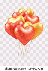 Realistic shining red and gold 3d balloons hearts with glitter texture isolated on transparent background. Valentines day luxury decoration. Vector illustration