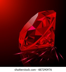 Realistic shining red ruby jewel with reflection, red glow and light sparks on gradient background. Can be used as part of logo, icon, background, web decor or other design.