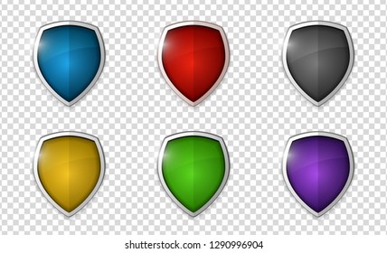Realistic shining shield icon pack isolated on transparent background: blue, red, grey, yellow, green, violet. Defense, safety, privacy, security, safeguard or antivirus concept. Vector illustration