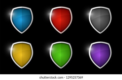 Realistic shining shield icon pack isolated on black background: blue, red, grey, yellow, green, violet. Defense, safety, privacy, security, safeguard or antivirus concept. Vector illustration