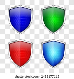 Realistic shining shield icon pack isolated on transparent background: blue, red, green. Defense, safety, privacy, security, safeguard or antivirus concept. Vector illustration