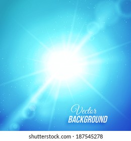 Realistic shining summer sun at clear blue sky vector background with long bright rays and lens flare