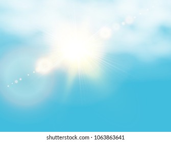 Realistic shining sun with lens flare. Blue sky with clouds background. Vector illustration