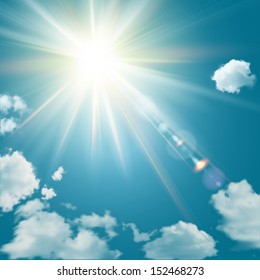 Realistic shining sun with lens flare. Blue sky with clouds background. Vector illustration.