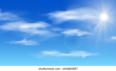 Realistic shining sun with lens flare. Blue sky with clouds. Vector illustration.