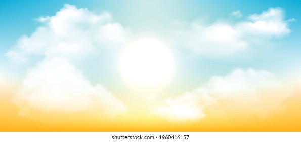 Realistic shining sun with lens flare. Blue sky with clouds background. Vector illustration.