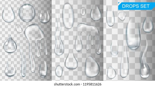 Gotas de agua brillantes realistas y gotitas en ilustraciones vectoriales transparentes