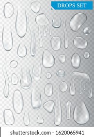 Realistic shining water drops and drips on transparent background vector illustration