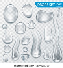 Realistic shining water drops and drips on transparent background vector illustration