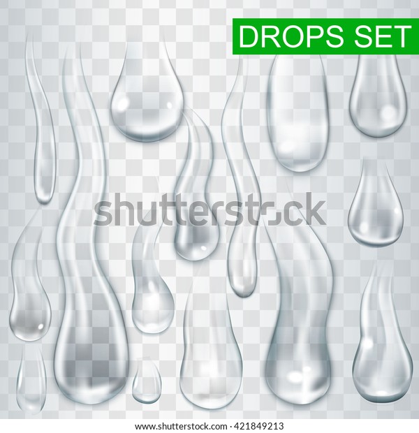 Realistic shining water drops and drips on\
transparent background vector\
illustration