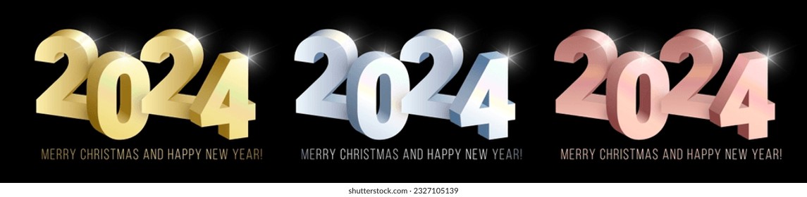 Realistic shiny 3D gold, silver and rose gold numbers 2024 on black background. Vector golden greeting concepts set for web, print, ad, greeting card design element.