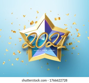 Realistic shiny 3D golden inscription 2021 Happy New Year on a blue gold star background. Vector illustration EPS10