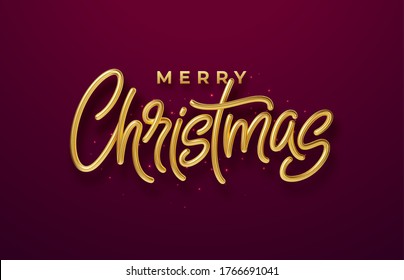 Realistic shiny 3D golden inscription Merry Christmas on a background with red bright waves. Vector illustration EPS10