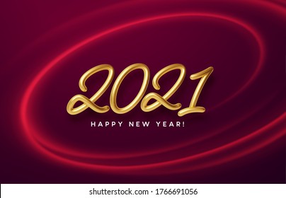 Realistic shiny 3D golden inscription 2021 happy new year on a background with red bright waves. Vector illustration EPS10