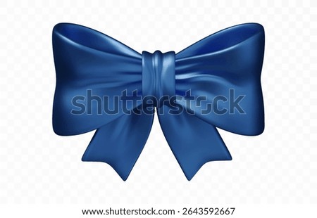 Realistic shiny blue gift bow. Satin ribbon decoration for present wrapping, Christmas, New Year, or birthday celebration. Isolated vector on transparent background.