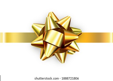 Realistic shiny bow isolated on white background. Golden gift bow for cards, presentation, christmas and birthday illustrations. Top view. Vector illustration