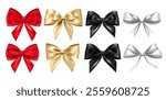 Realistic shiny bows of different colors and shapes set isolated on a white. Holiday bows for decorating banners, gifts, special offers, promotions. Vector Elegant satin bow red, gold, black, silver