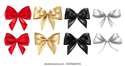 Realistic shiny bows of different colors and shapes set isolated on a white. Holiday bows for decorating banners, gifts, special offers, promotions. Vector Elegant satin bow red, gold, black, silver