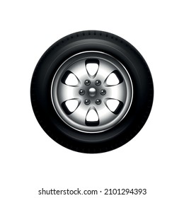 Realistic shiny car wheel with disk and tyre vector illustration
