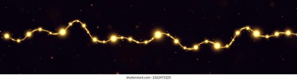 Realistic shiny Christmas lights. Magic golden Christmas garlands string. Sparkle lamps for Xmas banner. Christmas background.