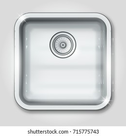 Realistic Shiny Clear Metallic Kitchen Sink. Top View. EPS10 Vector