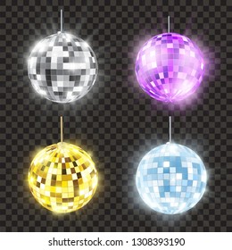 Realistic shiny disco ball set, bright round. Mirror or glitter ball, nightclub and discotheque decoration. Vector illustration