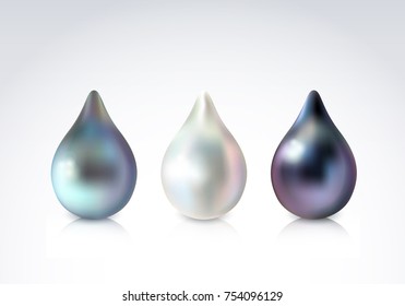 Realistic shiny drop gems isolated on white background. Set of vector white, gray and black peacock pearl.