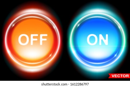 Realistic shiny glossy gradient round orange and blue on off web buttons. Isolated on black background. Layered vector icons set.