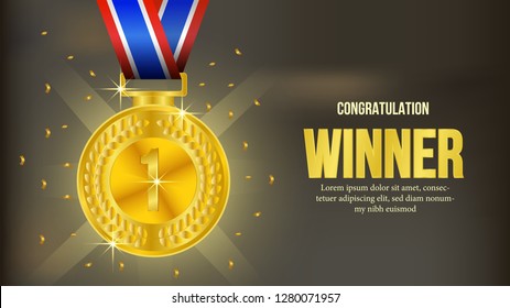 realistic shiny gold medal with golden confetti and dark background. winner announcement for olympic or sport game. poster template. champion for victory.