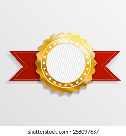 Realistic shiny gold medal with red ribbon