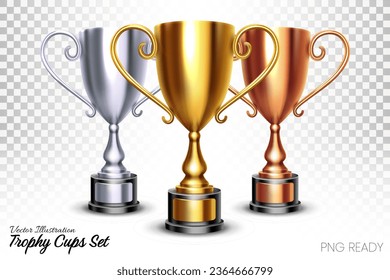 Trofeos realistas de oro brillante, plata y bronce aislados en fondo transparente, ilustración vectorial