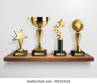 Realistic shiny golden trophy awards on wooden shelf on grey background vector illustration