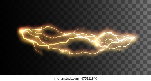 Realistic shiny lightning or electricity flash isolated on checkered transparent background. Electric discharge visual effect for design. Vector illustration