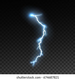 Realistic shiny lightning isolated on checkered transparent background. Thunderbolt or lightning visual effect for design. Vector illustration. Thunderstorm natural effect