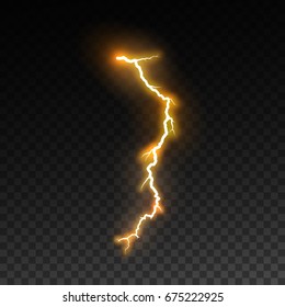 Realistic shiny lightning isolated on checkered transparent background. Thunderbolt or lightning visual effect for design. Vector illustration. Electric discharge effect