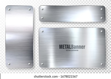 Realistic Shiny Metal Banners Set. Brushed Steel Plate. Polished Silver Metal Surface. Vector Illustration.