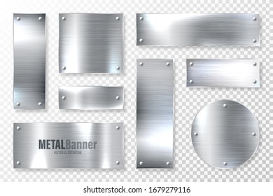 Realistic shiny metal banners set. Brushed steel plate. Polished silver metal surface. Vector illustration.