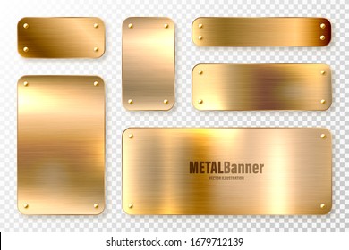 Realistic shiny metal banners set. Brushed steel plate. Polished copper metal surface. Vector illustration.