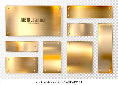 Realistic shiny metal banners set. Brushed steel plate. Polished copper metal surface. Vector illustration.