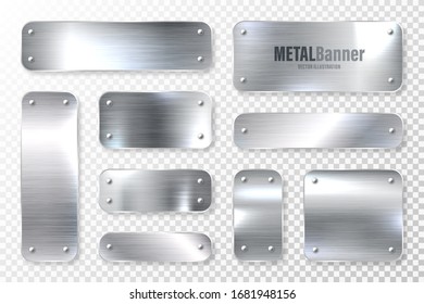 Realistic shiny metal banners set. Brushed steel plate. Polished silver metal surface. Vector illustration.