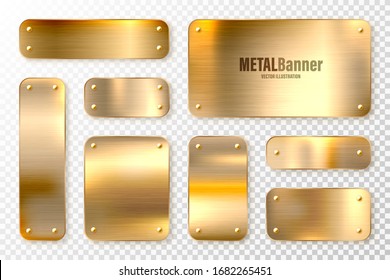 Realistic shiny metal banners set. Brushed steel plate. Polished copper metal surface. Vector illustration.