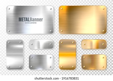 Realistic shiny metal banners set. Brushed steel and copper plate. Polished silver metal surface. Vector illustration.